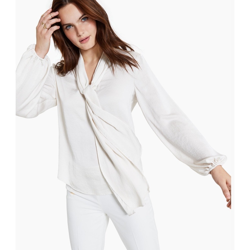 Bar III Tie-Neck Sheer Blouse Long Sleeve Flowy Elegant Top Size XXS NWT